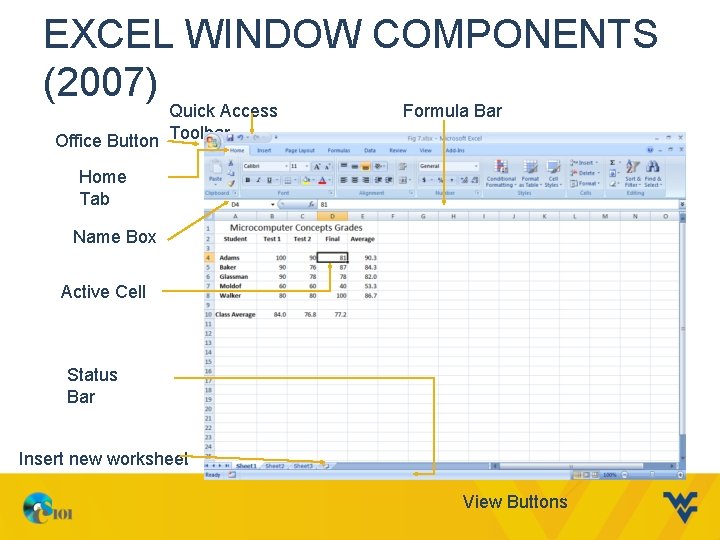 EXCEL WINDOW COMPONENTS (2007) Quick Access Office Button Toolbar Formula Bar Home Tab Name