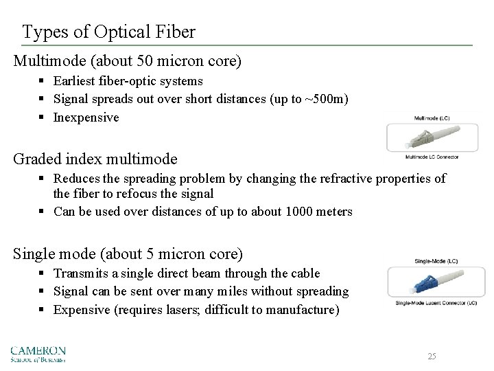 Types of Optical Fiber Multimode (about 50 micron core) § Earliest fiber-optic systems §