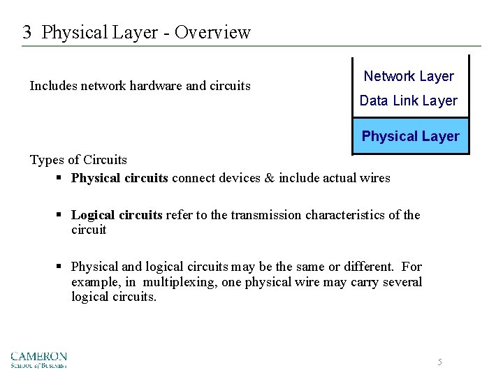 3 Physical Layer - Overview Includes network hardware and circuits Network Layer Data Link