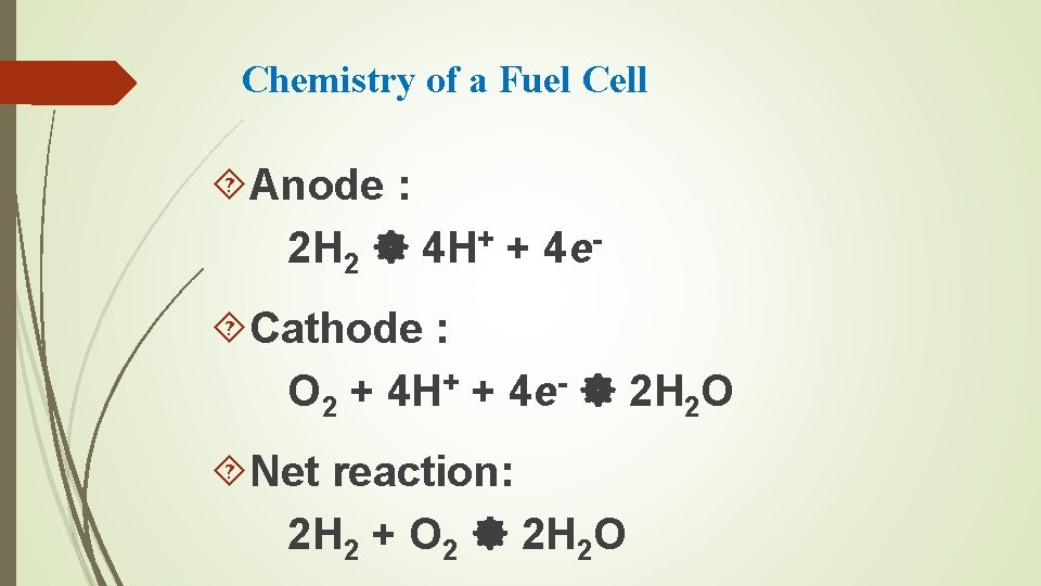 Chemistry of a Fuel Cell Anode : 2 H 2 4 H+ + 4