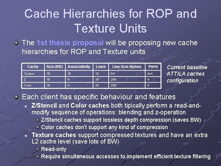 Cache Hierarchies for ROP and Texture Units The 1 st thesis proposal will be