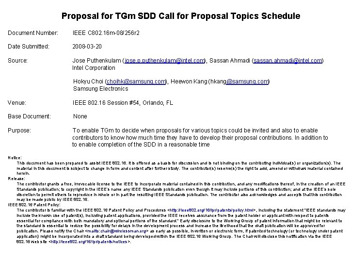 Proposal for TGm SDD Call for Proposal Topics Schedule Document Number: IEEE C 802.