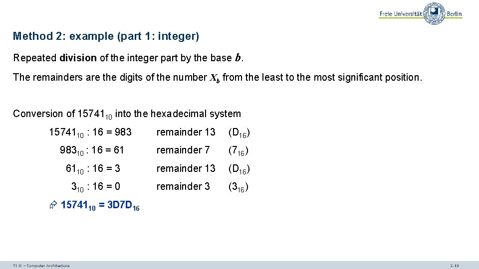 Method 2: example (part 1: integer) Repeated division of the integer part by the