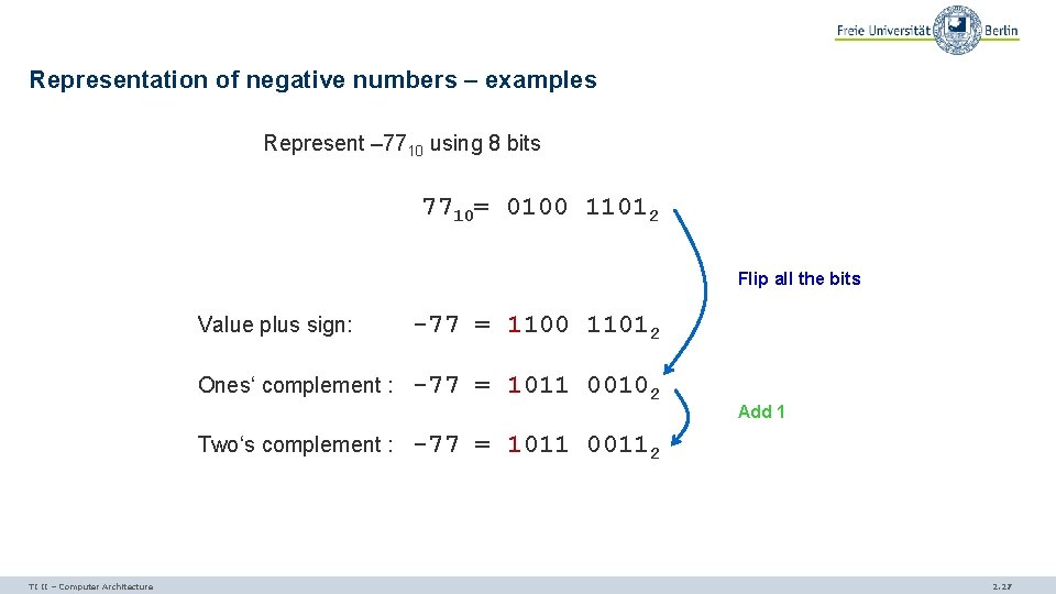 Representation of negative numbers – examples Represent – 7710 using 8 bits 7710= 0100