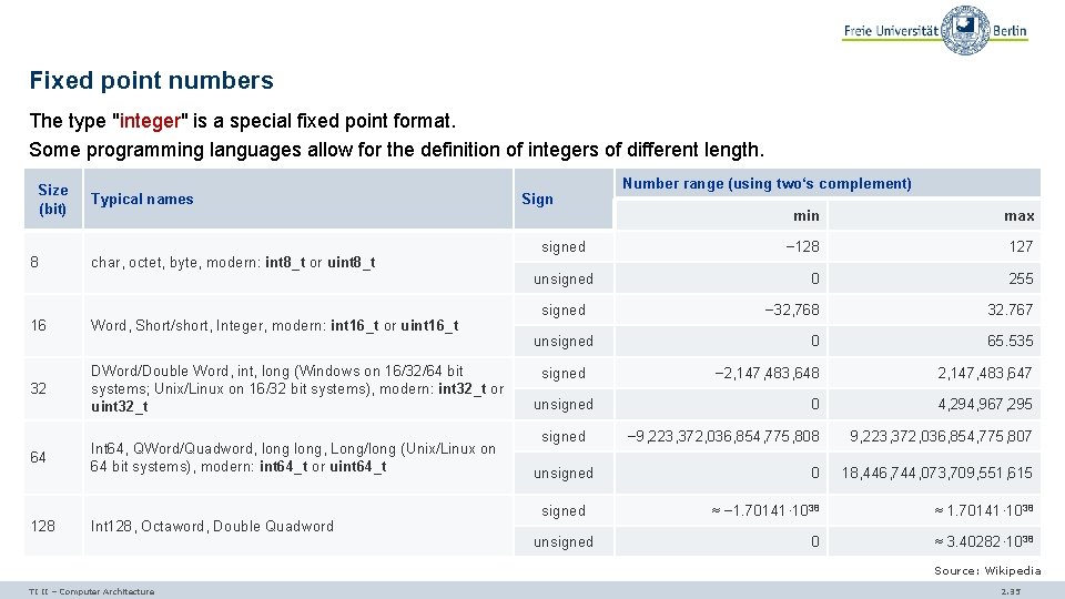 Fixed point numbers The type "integer" is a special fixed point format. Some programming