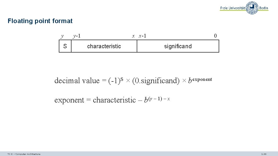 Floating point format y S y-1 x x-1 characteristic 0 significand decimal value =