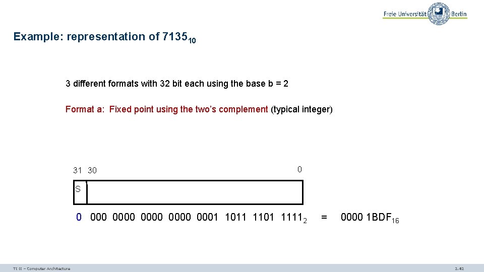 Example: representation of 713510 3 different formats with 32 bit each using the base