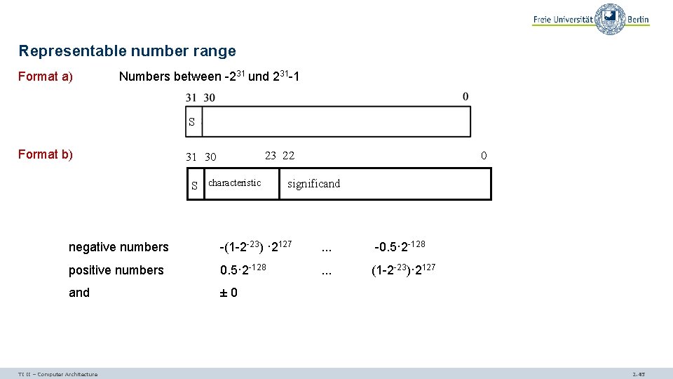 Representable number range Format a) Numbers between -231 und 231 -1 S Format b)