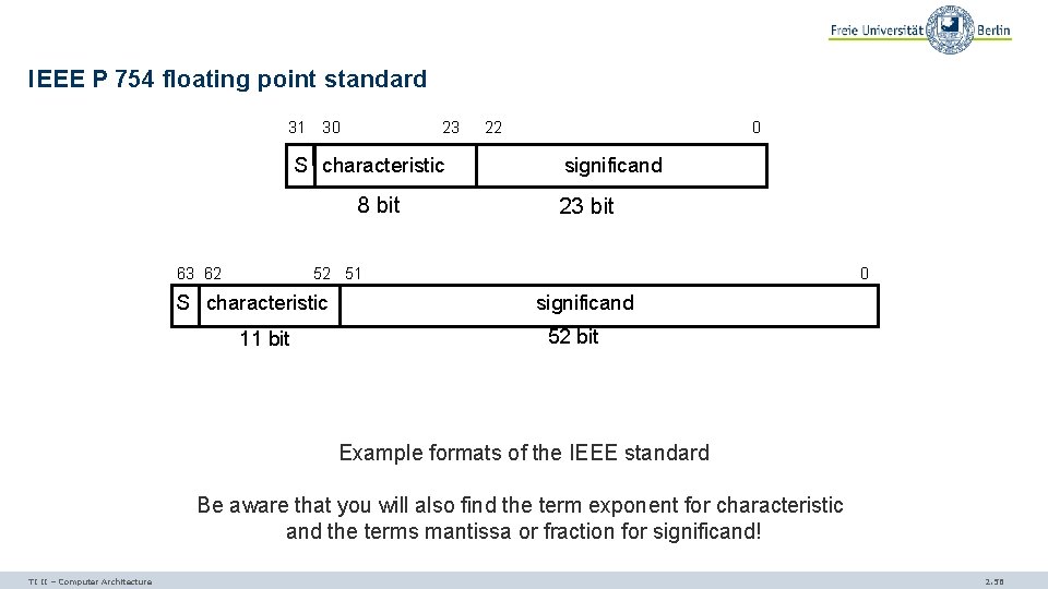 IEEE P 754 floating point standard 31 30 23 S characteristic 8 bit 63