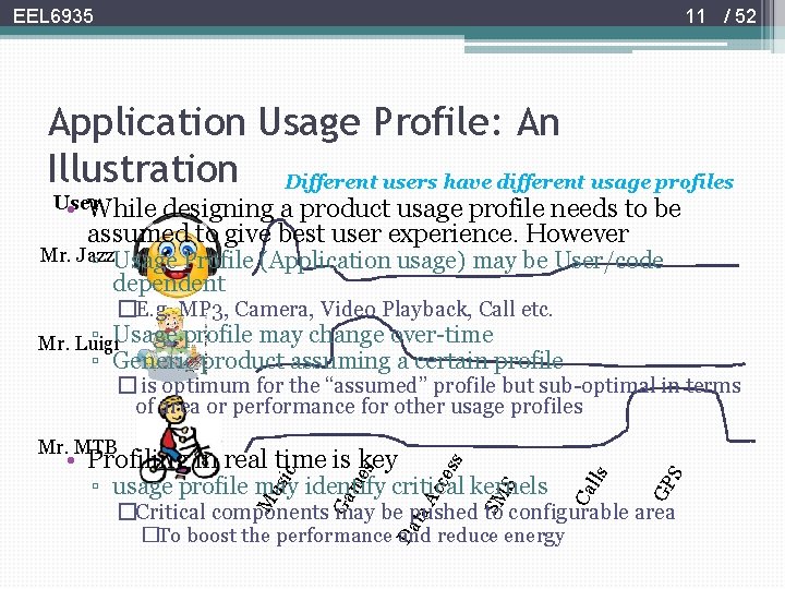 11 / 52 EEL 6935 Application Usage Profile: An Illustration Different users have different