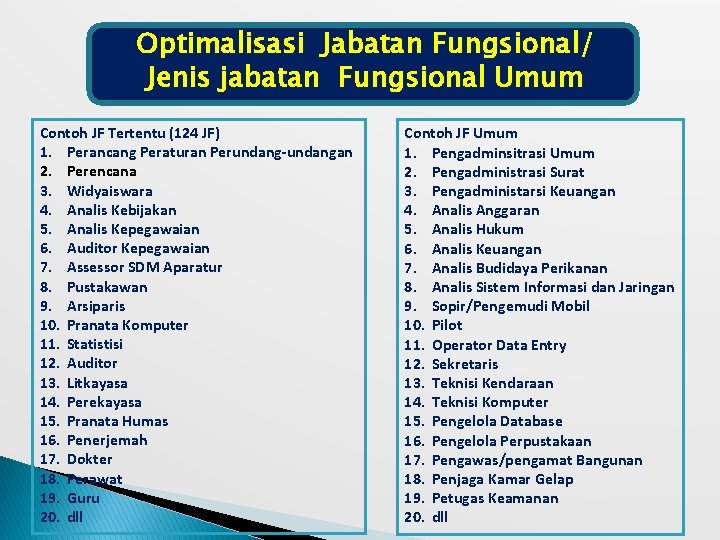 Optimalisasi Jabatan Fungsional/ Jenis jabatan Fungsional Umum Contoh JF Tertentu (124 JF) 1. Perancang