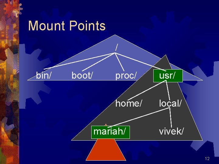 Mount Points / bin/ boot/ proc/ usr/ home/ local/ mariah/ vivek/ 12 