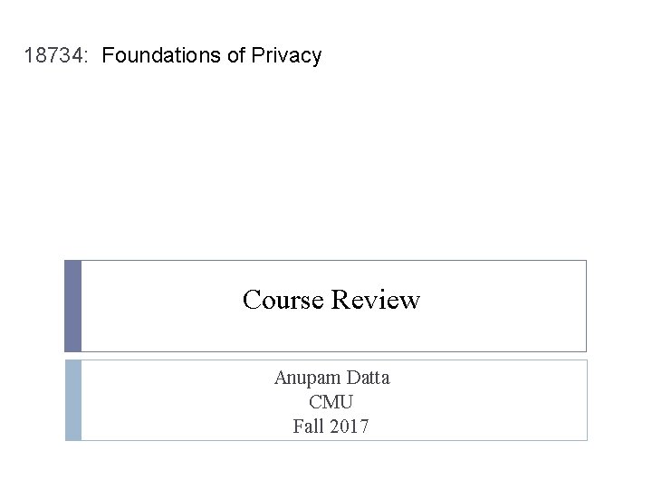 18734: Foundations of Privacy Course Review Anupam Datta CMU Fall 2017 