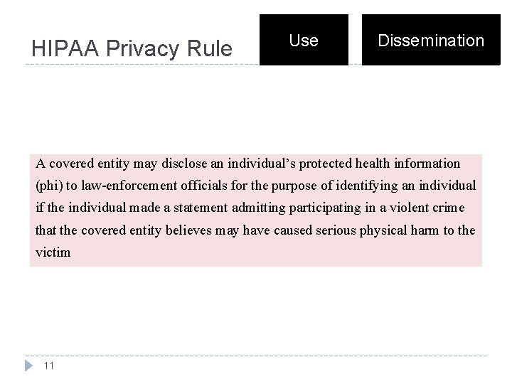 HIPAA Privacy Rule Use Dissemination A covered entity may disclose an individual’s protected health