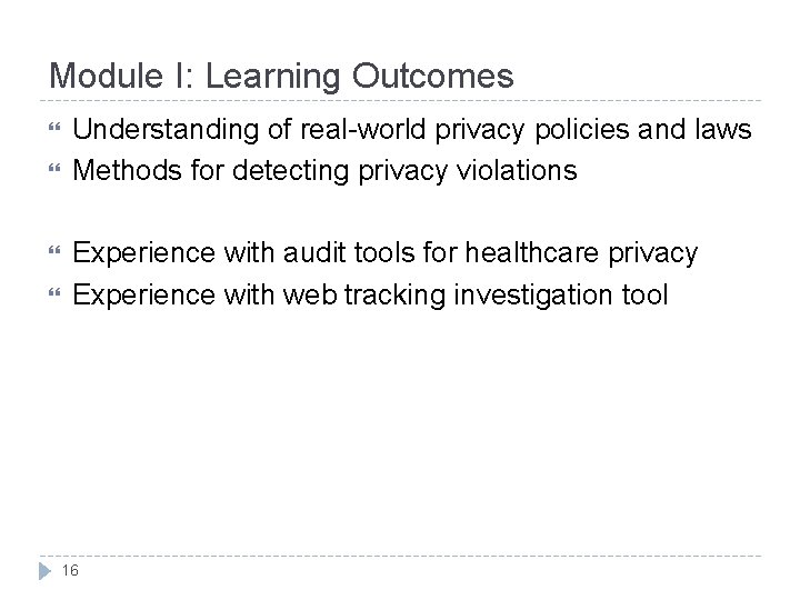 Module I: Learning Outcomes Understanding of real-world privacy policies and laws Methods for detecting