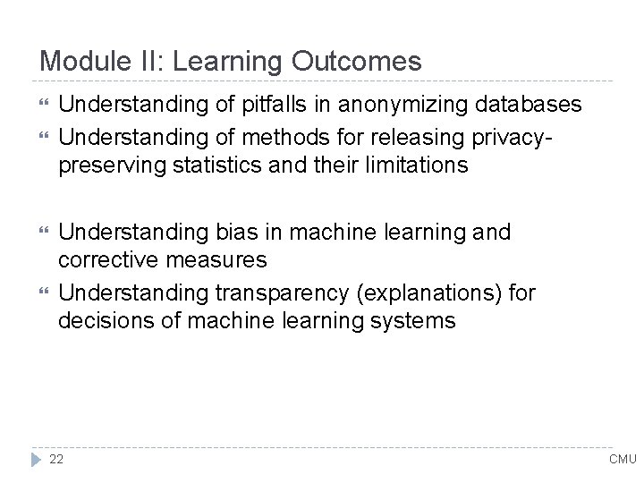 Module II: Learning Outcomes Understanding of pitfalls in anonymizing databases Understanding of methods for