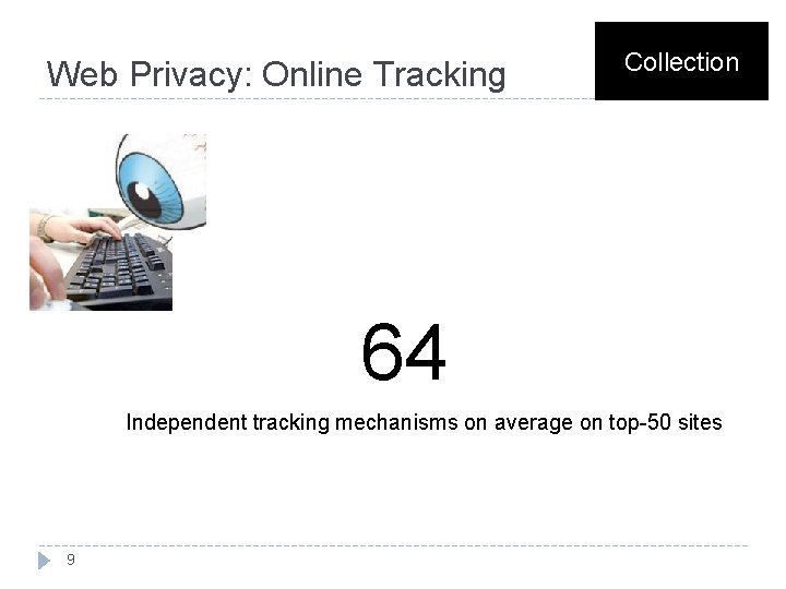Web Privacy: Online Tracking Collection 64 Independent tracking mechanisms on average on top-50 sites