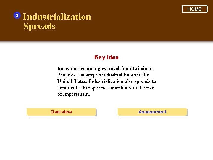 3 HOME Industrialization Spreads Key Idea Industrial technologies travel from Britain to America, causing