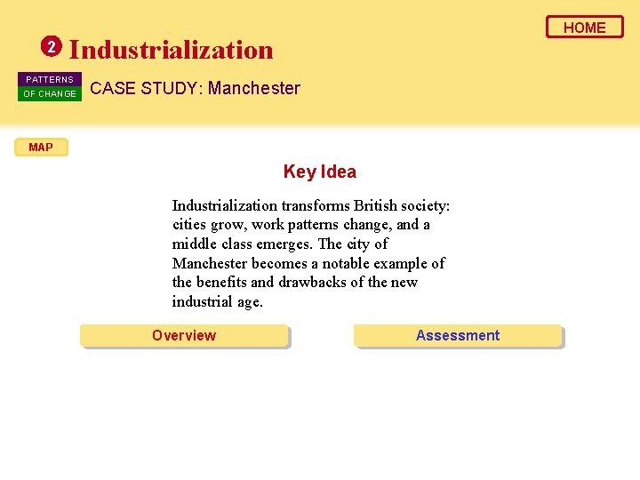 2 HOME Industrialization PATTERNS OF CHANGE CASE STUDY: Manchester MAP Key Idea Industrialization transforms