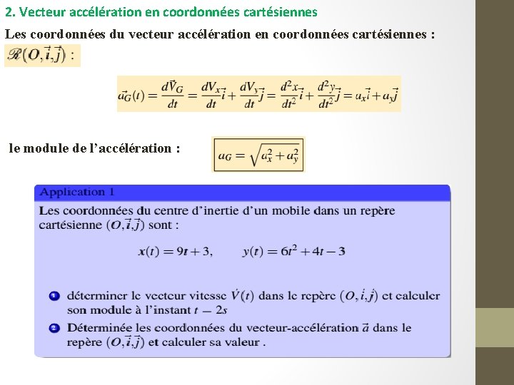 2. Vecteur accélération en coordonnées cartésiennes Les coordonnées du vecteur accélération en coordonnées cartésiennes 2. Vecteur accélération en coordonnées cartésiennes Les coordonnées du vecteur accélération en coordonnées cartésiennes