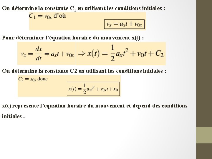 On détermine la constante C 1 en utilisant les conditions initiales : Pour déterminer On détermine la constante C 1 en utilisant les conditions initiales : Pour déterminer