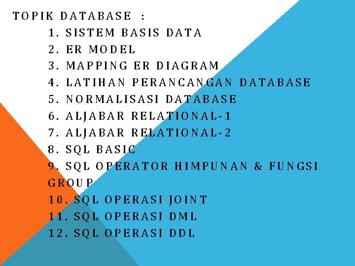 TOPIK DATABASE 1 SISTEM BASIS DATA 2 ER