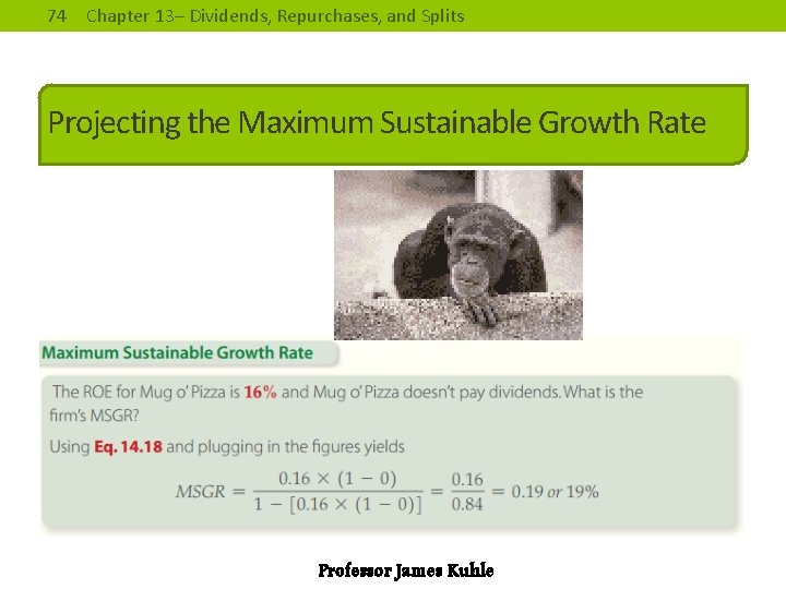 74 Chapter 13– Dividends, Repurchases, and Splits Projecting the Maximum Sustainable Growth Rate Professor