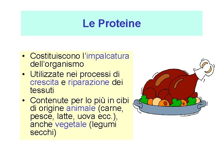 Le Proteine • Costituiscono l’impalcatura dell’organismo • Utilizzate nei processi di crescita e riparazione