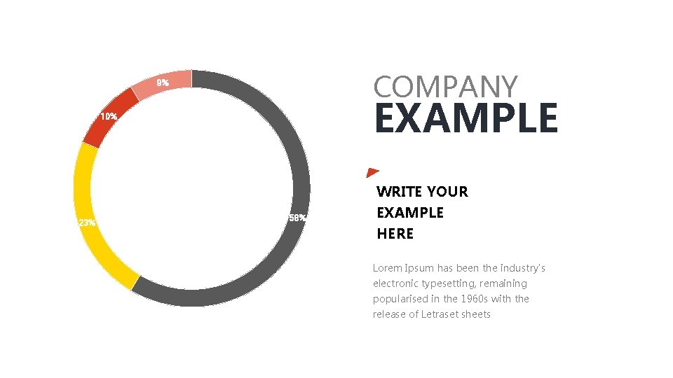 COMPANY 9% EXAMPLE 10% WRITE YOUR 23% 58% EXAMPLE HERE Lorem Ipsum has been