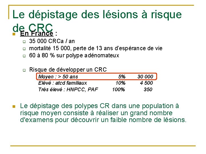 Le dépistage des lésions à risque de CRC n En France : q 35