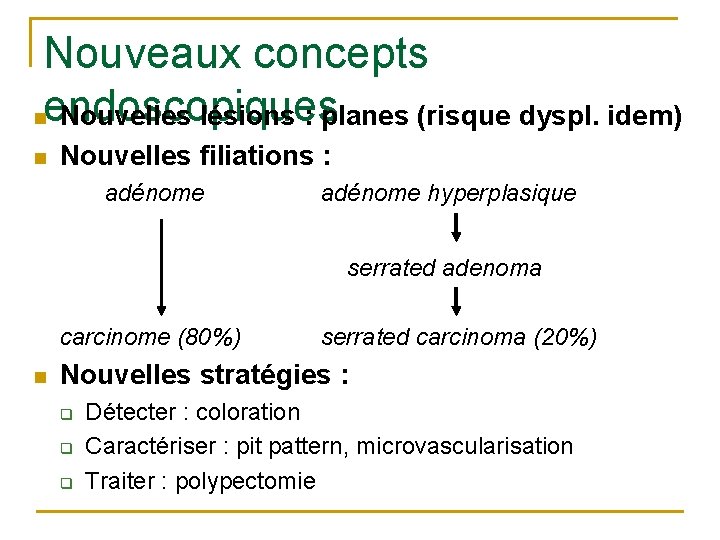 Nouveaux concepts nendoscopiques Nouvelles lésions : planes (risque dyspl. idem) n Nouvelles filiations :