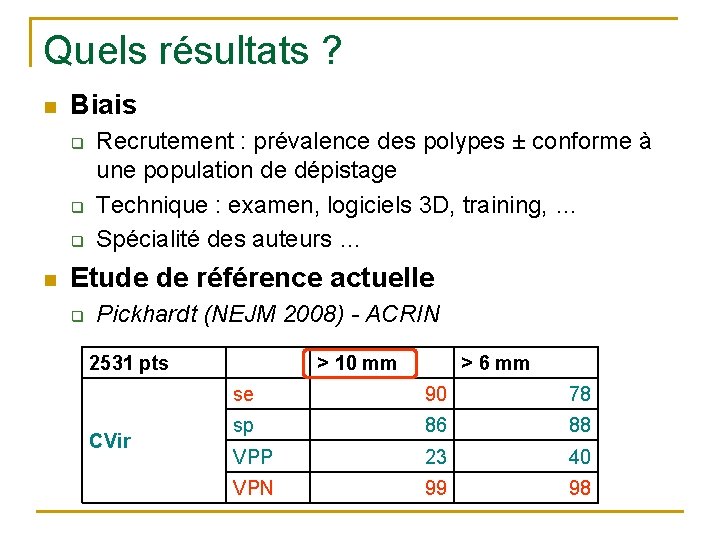 Quels résultats ? n Biais q q q n Recrutement : prévalence des polypes