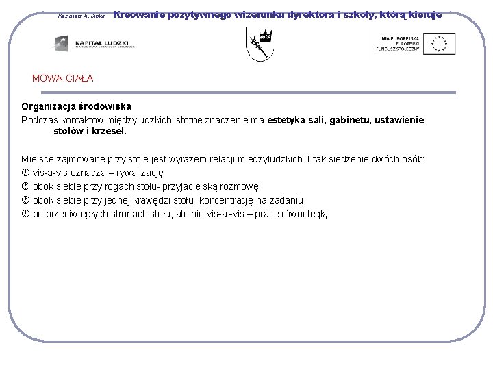 Kazimierz A. Sroka Kreowanie pozytywnego wizerunku dyrektora i szkoły, którą kieruje MOWA CIAŁA Organizacja