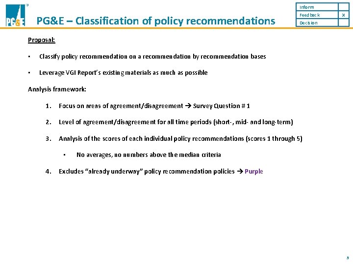 Inform PG&E – Classification of policy recommendations Feedback X Decision Proposal: • Classify policy