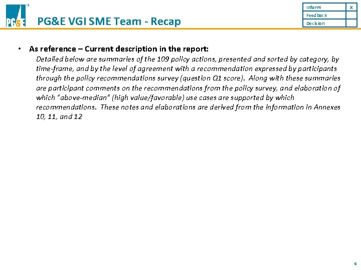 Inform PG&E VGI SME Team - Recap X Feedback Decision • As reference –
