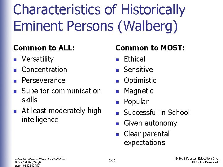 Characteristics of Historically Eminent Persons (Walberg) Common to ALL: n n n Versatility Concentration