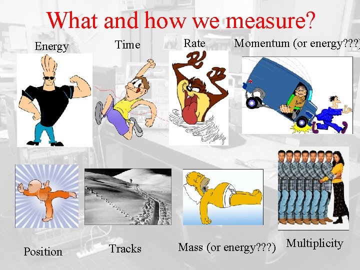 What and how we measure? Energy Position Time Tracks Rate Momentum (or energy? ?