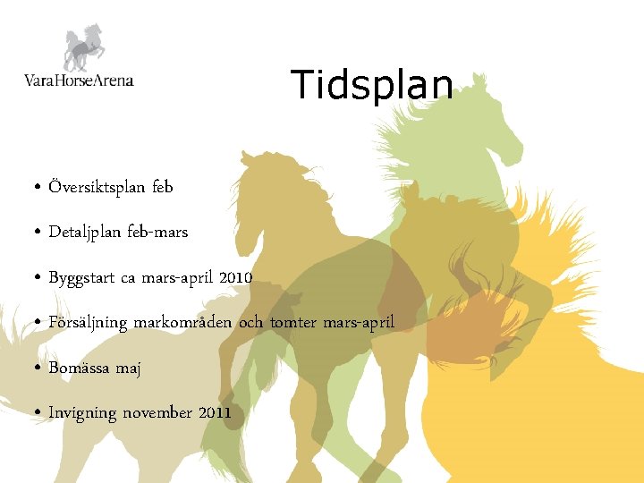 Tidsplan • Översiktsplan feb • Detaljplan feb-mars • Byggstart ca mars-april 2010 • Försäljning