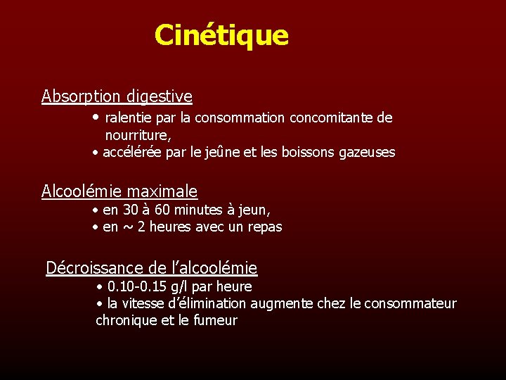 Cinétique Absorption digestive • ralentie par la consommation concomitante de nourriture, • accélérée par