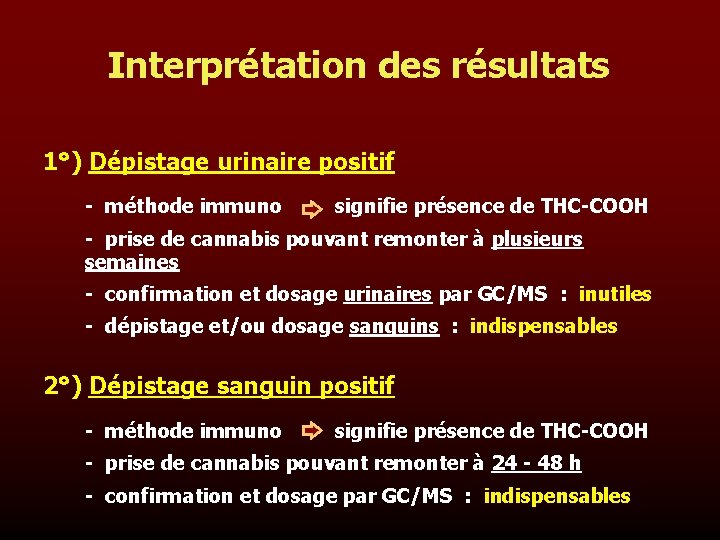 Interprétation des résultats 1°) Dépistage urinaire positif - méthode immuno signifie présence de THC-COOH