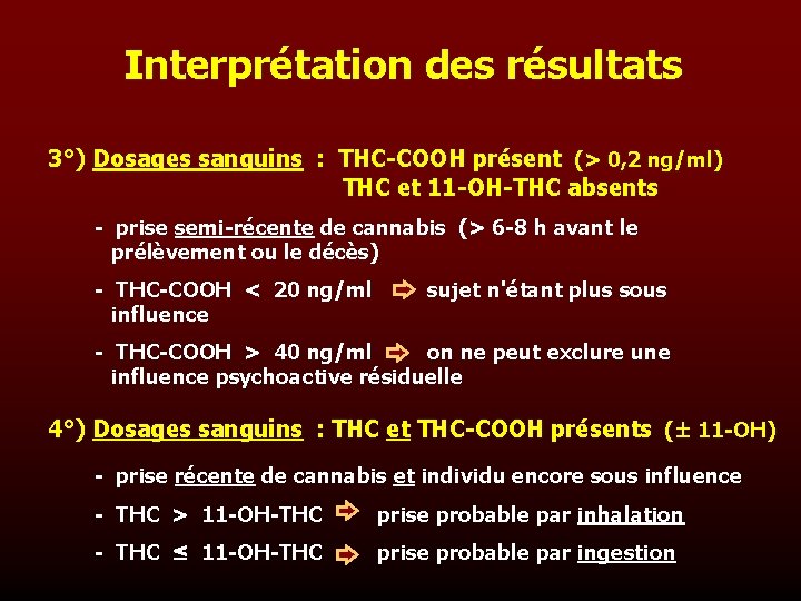 Interprétation des résultats 3°) Dosages sanguins : THC-COOH présent (> 0, 2 ng/ml) THC