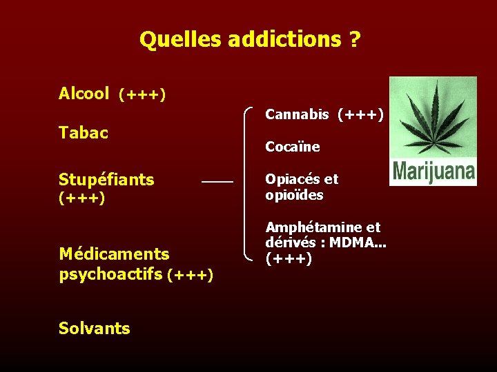 Quelles addictions ? Alcool (+++) Tabac Stupéfiants (+++) Médicaments psychoactifs (+++) Solvants Cannabis (+++)