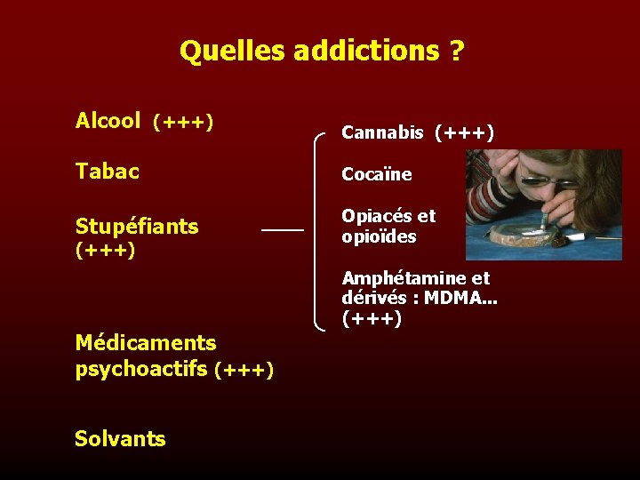 Quelles addictions ? Alcool (+++) Cannabis (+++) Tabac Cocaïne Stupéfiants Opiacés et opioïdes (+++)