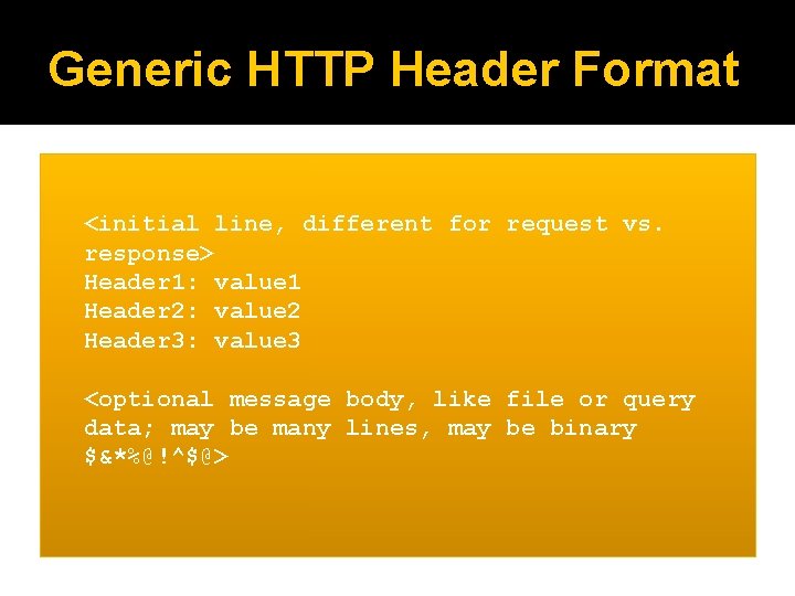 Generic HTTP Header Format <initial line, different for request vs. response> Header 1: value