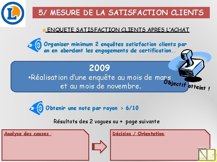 5/ MESURE DE LA SATISFACTION CLIENTS ENQUETE SATISFACTION CLIENTS APRES L’ACHAT Organiser minimum 2