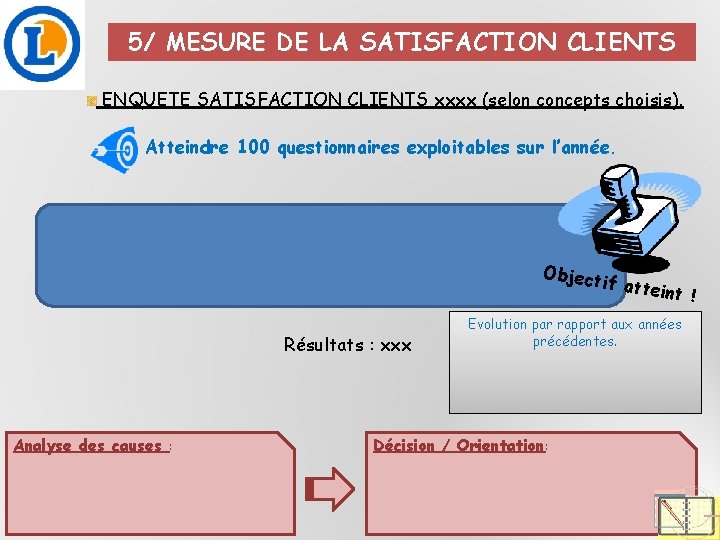 5/ MESURE DE LA SATISFACTION CLIENTS ENQUETE SATISFACTION CLIENTS xxxx (selon concepts choisis). Atteindre