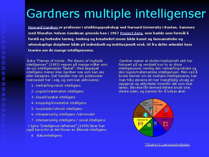 Gardners multiple intelligenser Howard Gardner er professor i utviklingspsykologi ved Harvard University i Boston.