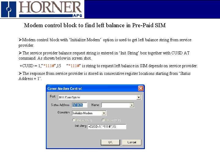 Modem control block to find left balance in Pre-Paid SIM ØModem control block with