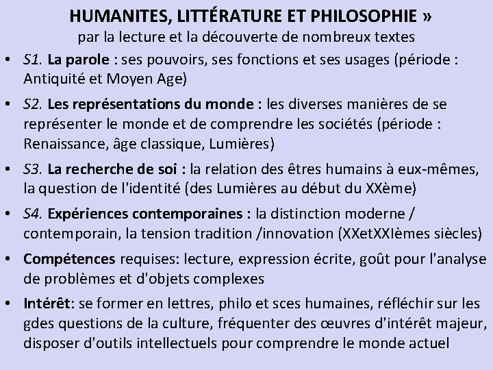 HUMANITES, LITTÉRATURE ET PHILOSOPHIE » par la lecture et la découverte de nombreux textes