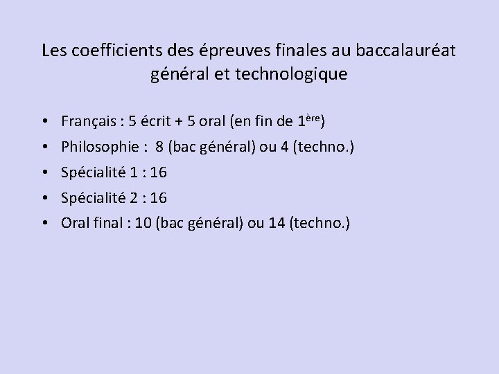 Les coefficients des épreuves finales au baccalauréat général et technologique • Français : 5